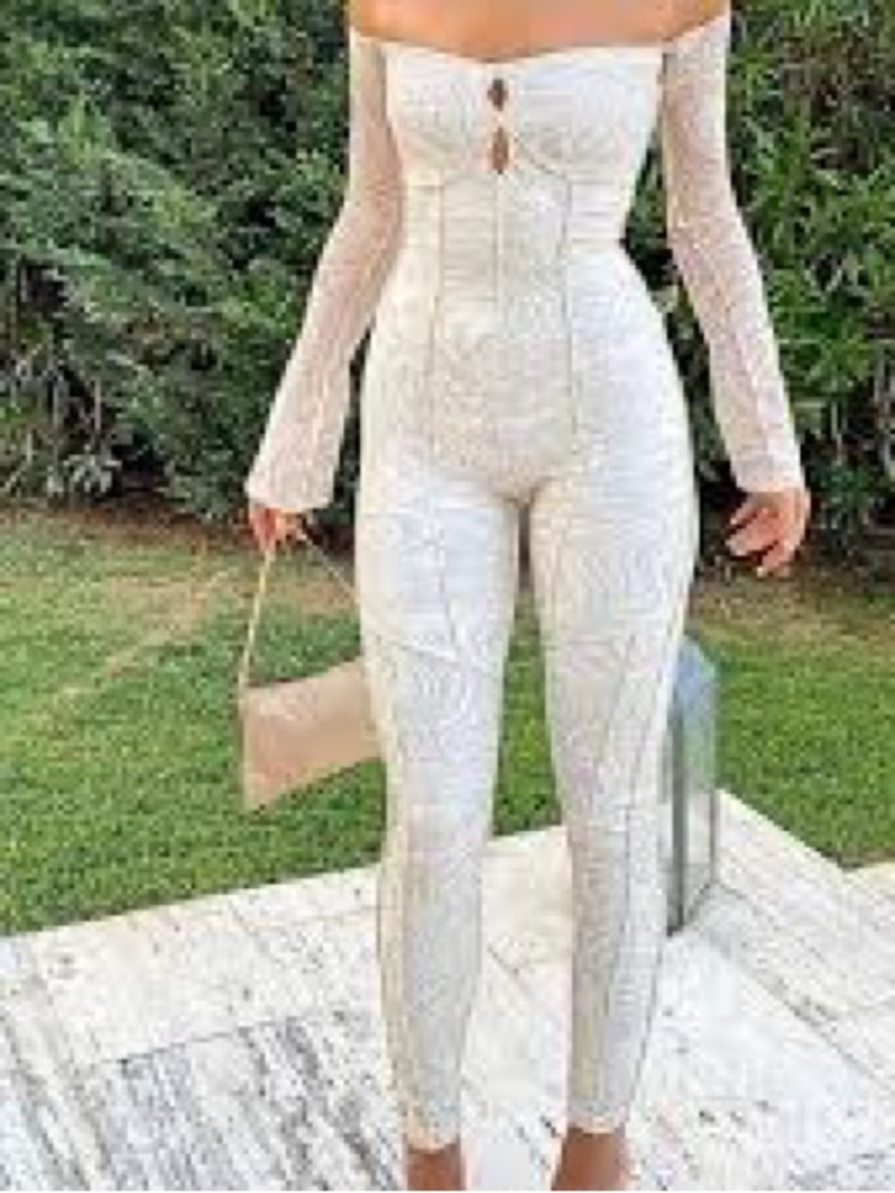 Off-Shoulder Cream Mesh Jumpsuit